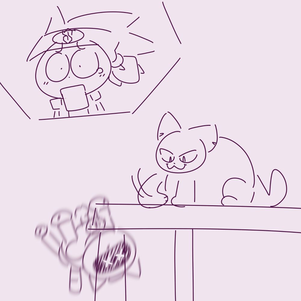 Fat Forte cat swipes Rock off a table. Lan stares in horror