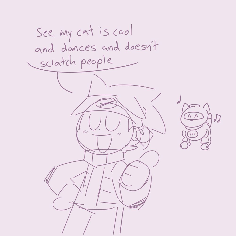 Lan points to the little happy toy cat. He says, presumably to Hub "See my cat is cool and dances and doesn't scratch people"