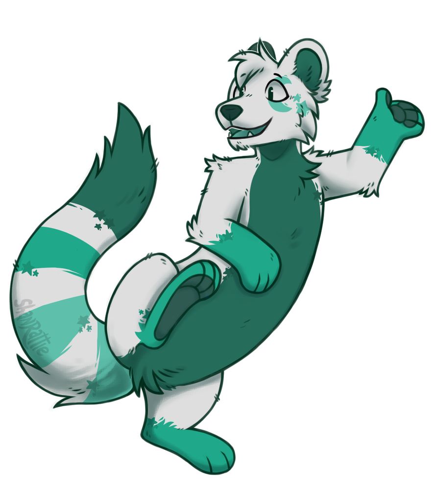 A marten character doing a little dance. Jake is a mostly white marten with a dark green belly and tail-tip. They have a lighter green colour on their feet and in rings on their tail. They have a marking over one eye in the shape of a crescent moon and some stars.