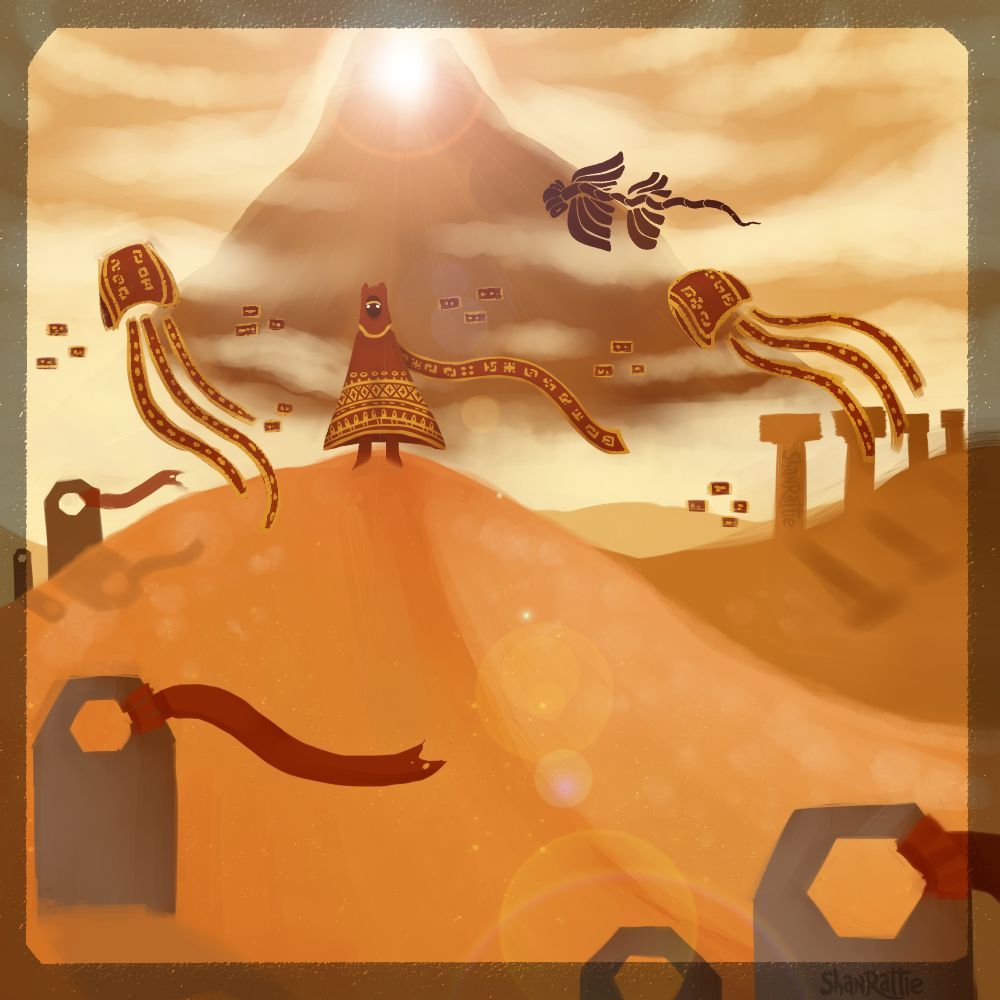 A piece of fan art for the game Journey. A desert scene with a mountain and ruined pillars in the distance. In the centre stands a 'cloak' the player character in the game which appears as a black, featureless figure in a long red and gold cloak. They also have a scarf that is fluttering in the wind behind them.  around the scene are other creatures made of cloth, some in the shape of jellyfish and one a whale. There is a lens flare coming from the top of the mountain.