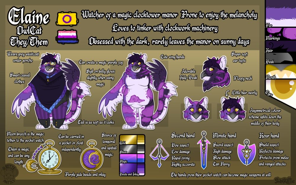 A refsheet for Elaine, an Owlcat. They are two different shades of purple split symmetrically down the middle. They have markings like that of a clouded leopard in a brighter pink-purple colour and a pale white chest/belly. The outfit view has them wearing striped pants, open toe foot wraps and a large deep purple poncho. They are wearing gold half-rim glasses. In the detail views are a close up of elaine's magic pocket watch which has a purple inlay and a brooch that is connected via a magical chain. The watch and brooch are lunar themed. To the side are elaine's magical weapons which are enlarged versions of the pocket watches hands but with glowing additions to make them appear as a sword, a shield and a crossbow.