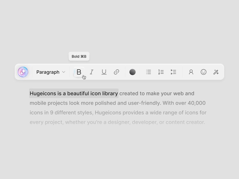 An example of the Hugeicons icon library featuring a text editor user interface.