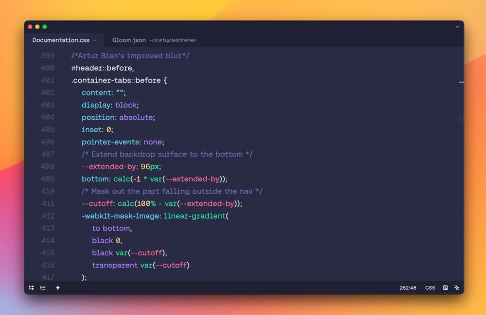 A macOS window showing Zed editor using my Gloom Dark theme port on a CSS file.