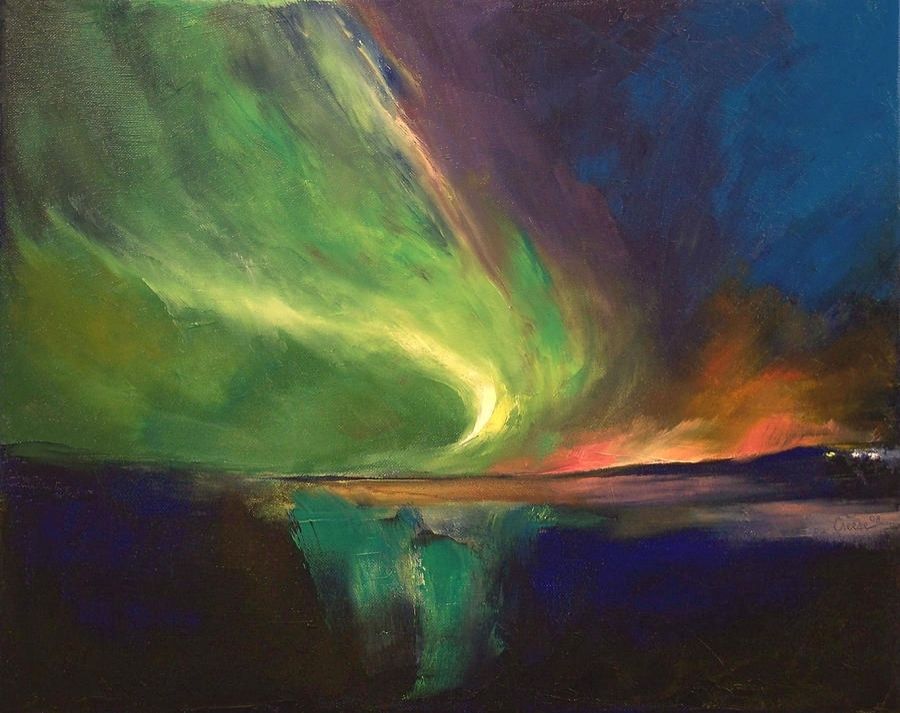 Painting of a swirl of green & red in the sky
