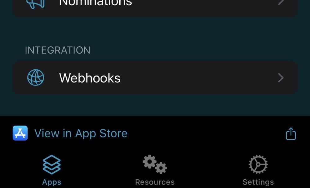 Screenshot from AppDab showing the button for webhooks in the menu