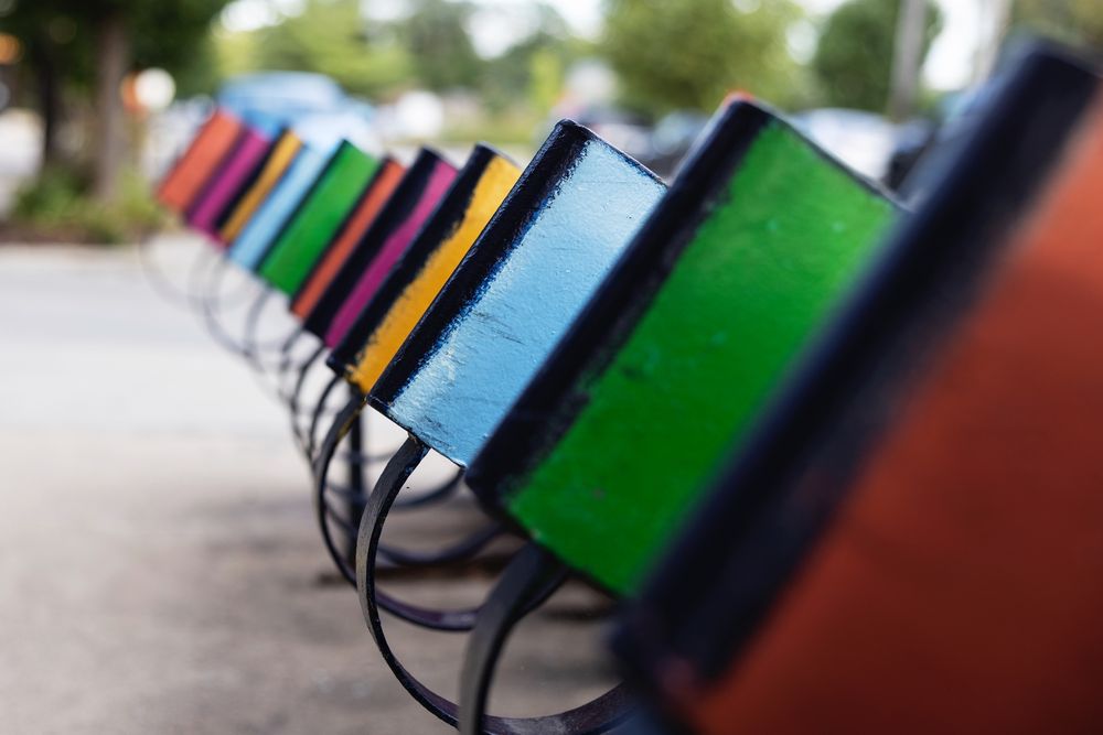 Abstract photo of a brightly colored bicycle rack up close