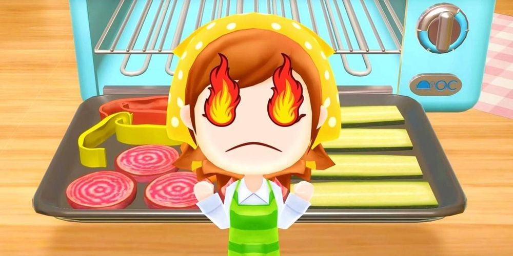 A picture of Cooking Mama looking angry with fire in her eyes in front of some food