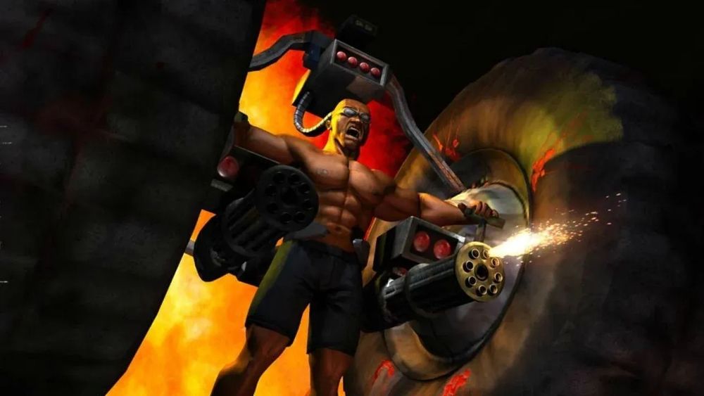 Axel from twisted metal looking pissed, yelling, and shooting a mini gun 