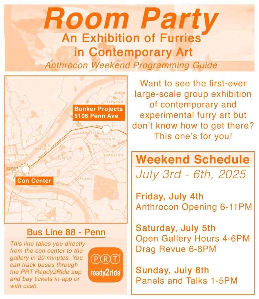 A poster detailing how anthrocon attendees can make it out to Bunker Projects (5106 Penn Ave) by bus from the con space. The 88 line takes you to the gallery in 20 minutes!