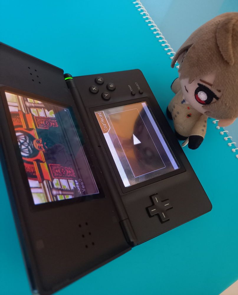 Goronui in front of a black Nintendo ds with an ace attorney game on it.