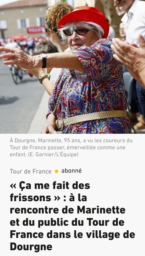 Capture d'écran de la photo et du titre de l'article de L'Équipe
« Ça me fait des frissons » : à la rencontre de Marinette et du public du Tour de France dans le village de Dourgne