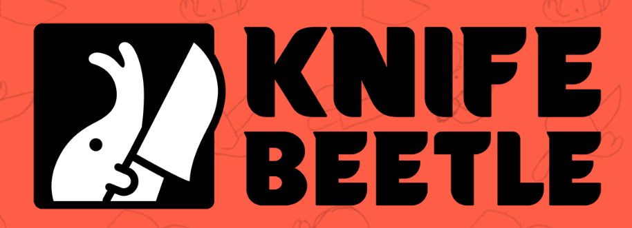 The KNIFEBEETLE logo, black text on a red background. The logo is a little horned beetle holding a big old knife.