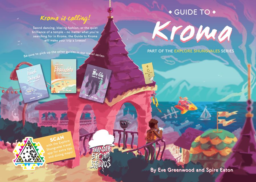 A fully rendered magical cityscape, with swirls of magical clouds drawing attention to a giant looming monster emerging from the sea in the distance. The buildings are bright and colourful and two figures on a hoverbike arc out over the rooftops. The back cover advertises three other books in the same imaginary series and also features an unscannable, triangular QR code.