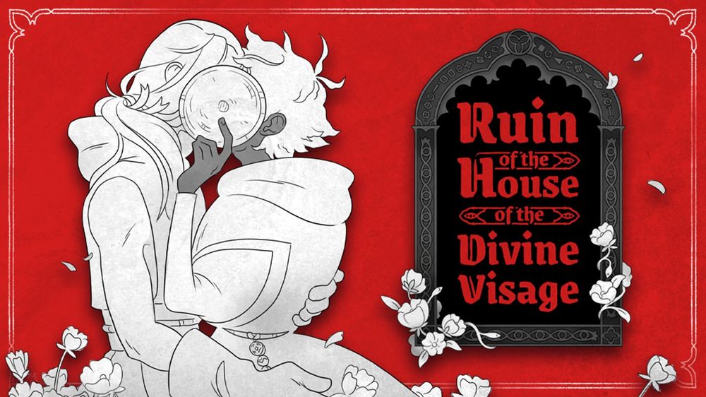 A banner for the webcomic RUIN OF THE HOUSE OF THE DIVINE VISAGE, featuring two men in robes kissing. One man has long hair and pale skin and is wearing workman's gloves, and the other has short hair, dark skin, and a looser robe. The dark-skinned man is holding a wicker mask up to hide their faces from the viewer. They are surrounded by decorative flowers and are standing against a stark red background.