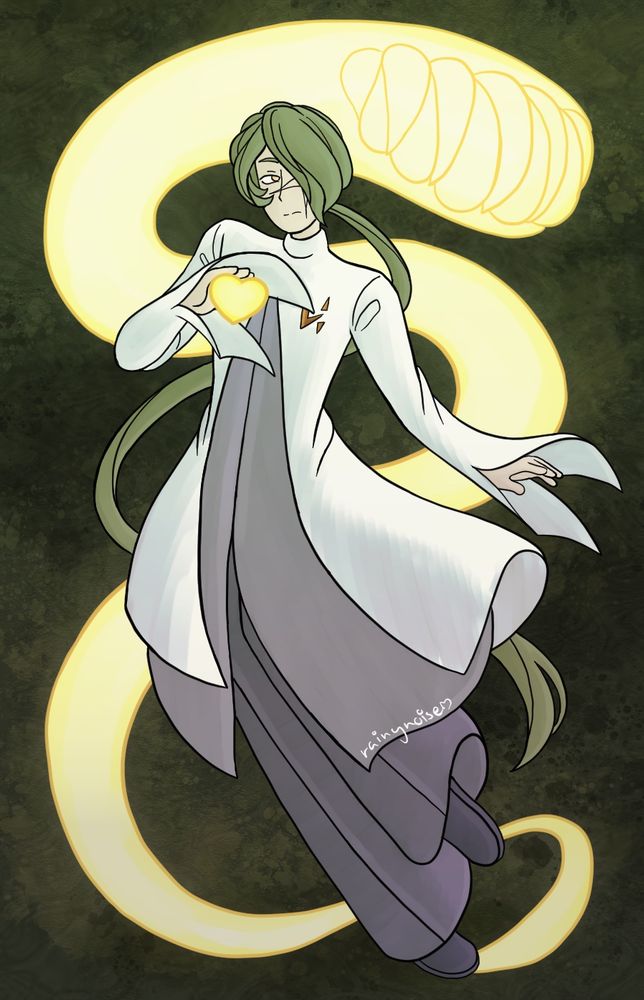 An attack for ArtFight of Nemy, owned by Omesant. She is posed calmly with a yellow heart glowing, and a snake creature positioned behind her.