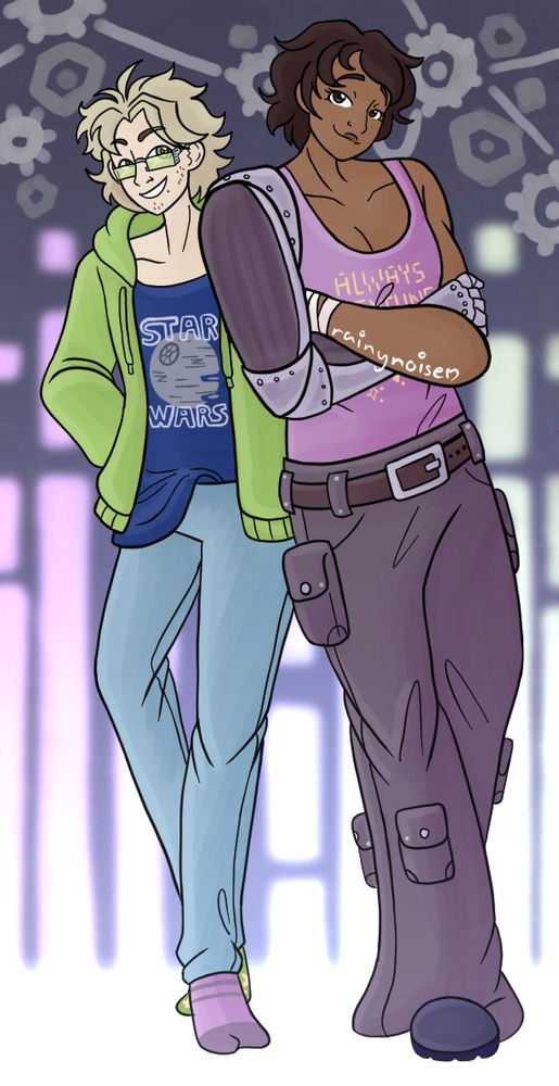 An attack for ArtFight of Gilda and Lucas, owned by FlameBloom. They are posed back to back, Gilda calm with arms crossed and Lucas with his hands in his pockets.