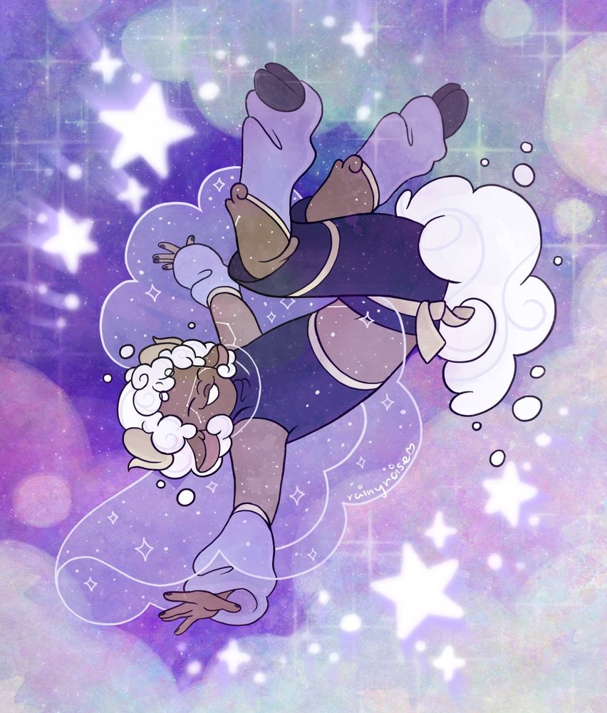 An illustration of an original character, Ollie Ardor (they/ae). They have brownish skin with constellation freckles, cloudy white hair, and ram horns, hooves, and tail. Ae are wearing a very simple outfit of a crop top and pants that go just below aer knees, with a translucent poncho above it all. They are smiling, falling through a sea of sparkly clouds.