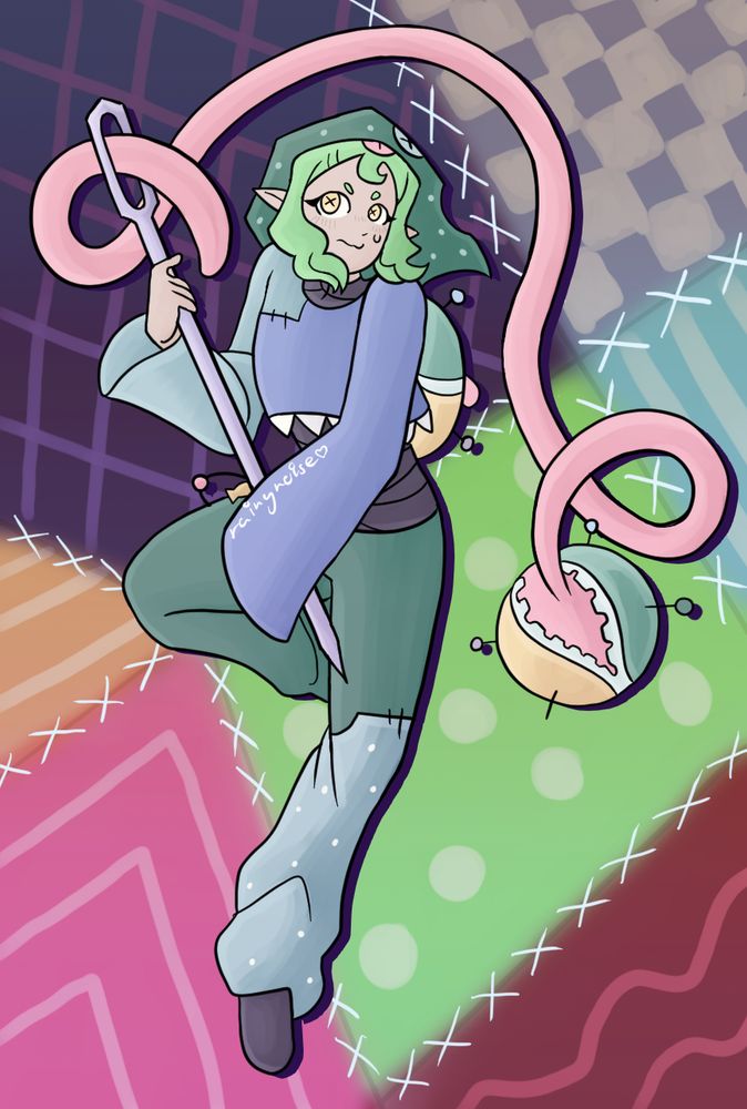 An attack for ArtFight of Nettie, owned by gemsartv. She is posed holding her needle, with colorful patchwork as the background.