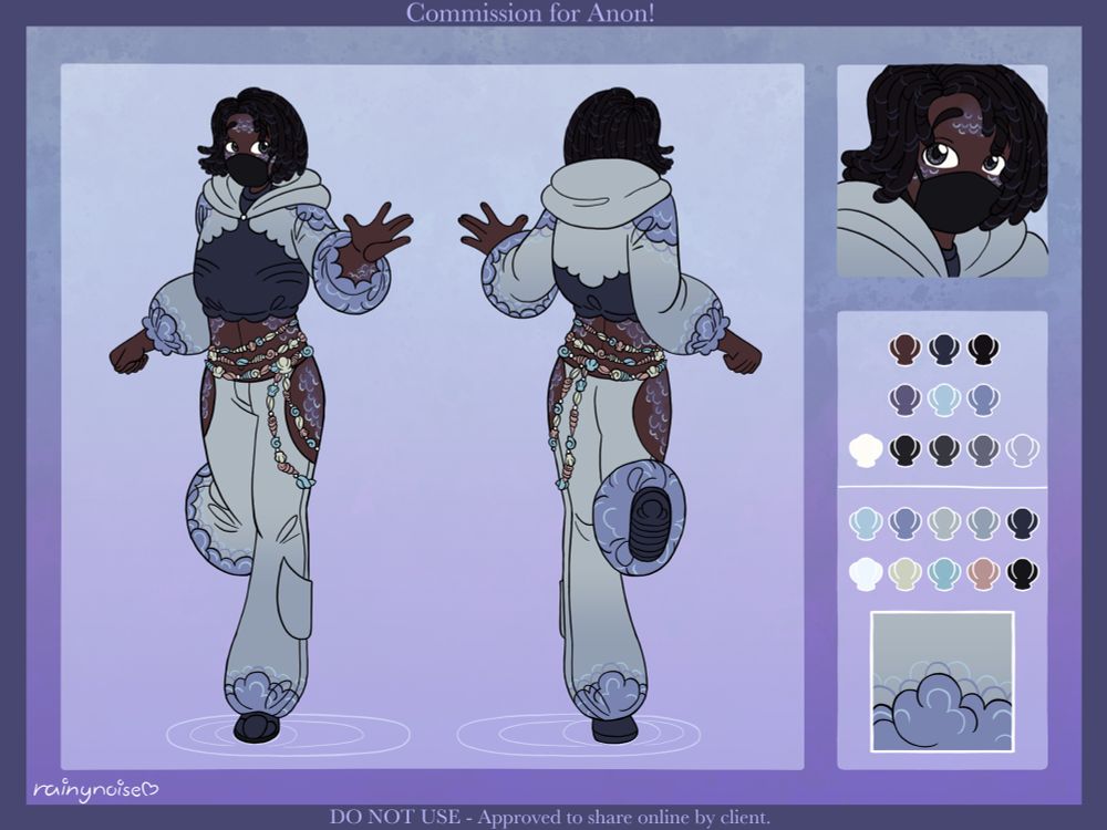 A front and back reference for a design commission, designed by me, and owned by Anon. The character featured has brown skin with purple and blue scales, short black locks, and sparkling dark eyes. They are wearing a black mask, a cropped hoodie with scale patterns, shell waist beads, pants with scale patterns, and dark blue sneakers. She is posed with her hand open towards the viewer, and one leg up behind her.