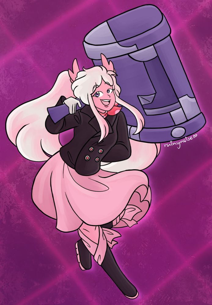 An attack for ArtFight of Maru, owned by SpaceCinnaBuns. She is smiling wide, holding her manufactured hammer behind her head.