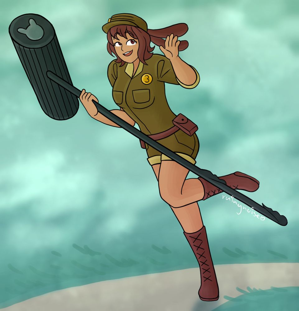 An attack for ArtFight of Penumbra, owned by bibbleskit. She is running through a foggy park with a large hammer.