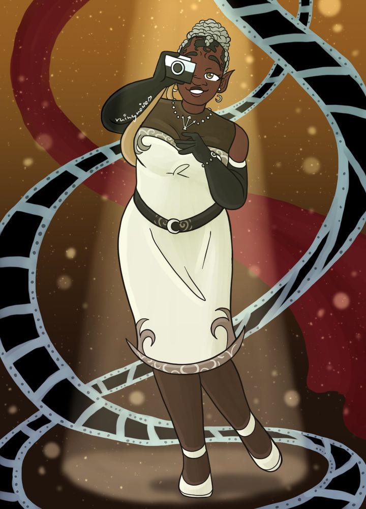 An attack for ArtFight of Agnes, owned by aiksandatoms. She is a humanoid holding a camera to her eye as film swirls around her.