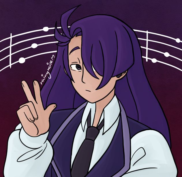 A bust illustration of an original character, Doremi Mizuno (they/them). They have pale skin, straight and long purple hair, and dull dark eyes, one of which is hidden by their bangs. They are wearing a purple vest and black tie with a white shirt underneath, and they are posed with a blank expression with with their right hand making a peace sign.