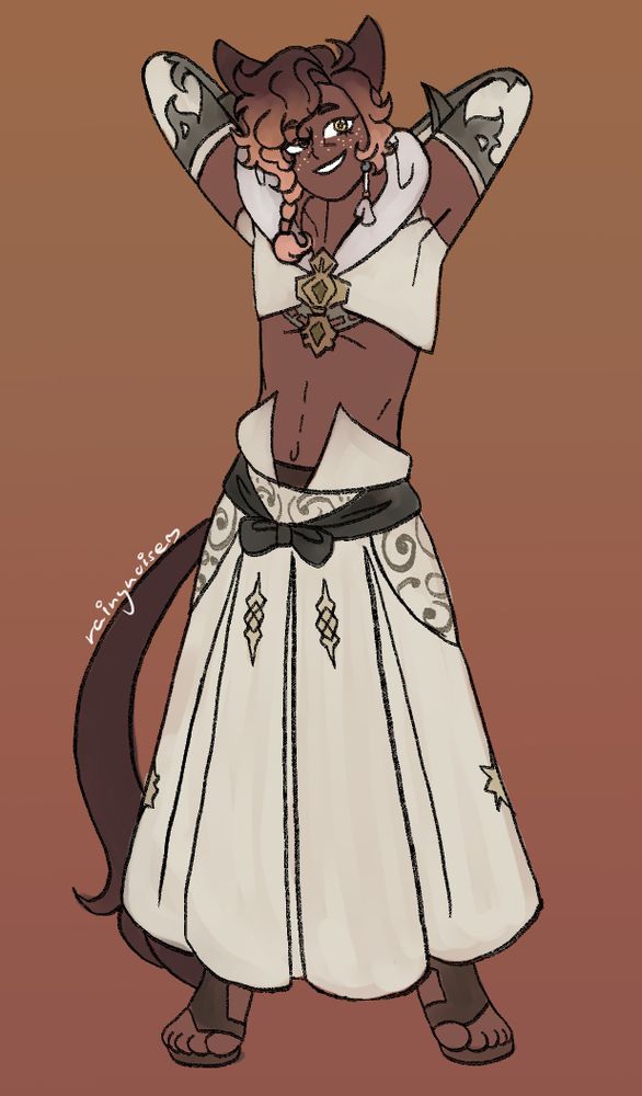 A commissioned sketch of an original character, Qzaly, owned by ilutofae. He is a Miqote from FFXIV with brown skin, yellow eyes, short brown hair that fades into blonde, cat ears and tail. He is wearing a nearly all white outfit with golden accents compromised of a very highly cropped top with long sleeves and a long skirt and sandals. He is smiling and posed relaxed with his hand behind his head.