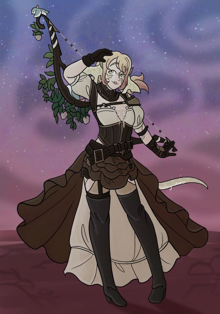 An attack for ArtFight of Callisto, owned by giornilunari. She is an Au Ra, looking onwards as the sky turns pink on her travels.