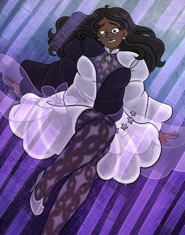 An illustration of an original character, Purnima Joshi (she/they). She has brown skin, long dark hair, and dark purple eyes. They have purple lips, star glasses, star earrings, a black and silver holographic dress with an opaque purple cloth, and starry tights and silver heels. She is floating through a void of binary code with a perplexed expression on her face.