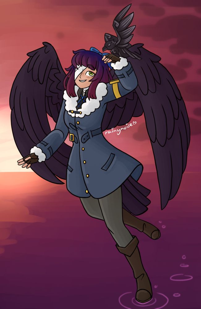 An attack for ArtFight of Odin, owned by VoyagerDee. She is holding her aetheric raven as she runs across twilight waters, wings held at resting position.