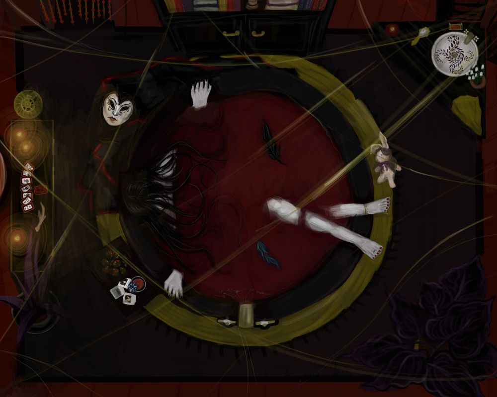 The Raven Queen enjoying a bath of blood with her face covered up by her wet black hair. Her skin is pale and milky white. In the bath there is a blue feather and a black feather. Around her is a gold rug, a small table with photos of Vax, Laudna, and Aeor, a plate of chocolate covered strawberries, and a cocktail, There is a tarot spread on the dresser behind her with 9 cards pulled, and 3 candles lit. She has a caged raven beside that dresser. Across the room is a sink that is a bowl with deep purple filagree decorating it. it’s surrounded by red soap, a golden hairbrush, a small pot of snowdrops and a golden towel. She has a bookshelf to the left of that with books such as “Tusk Love”, “The History of Exandria”, and “Nott’s guide to Knots”. In the room there is also two large deep purple plants. One is similar to a snake plant and the other is similar to an elephant ear plant. The entrance to the room is adorned with a red and gold beaded curtain. Across the ceiling of the whole space is the golden threads of fate.