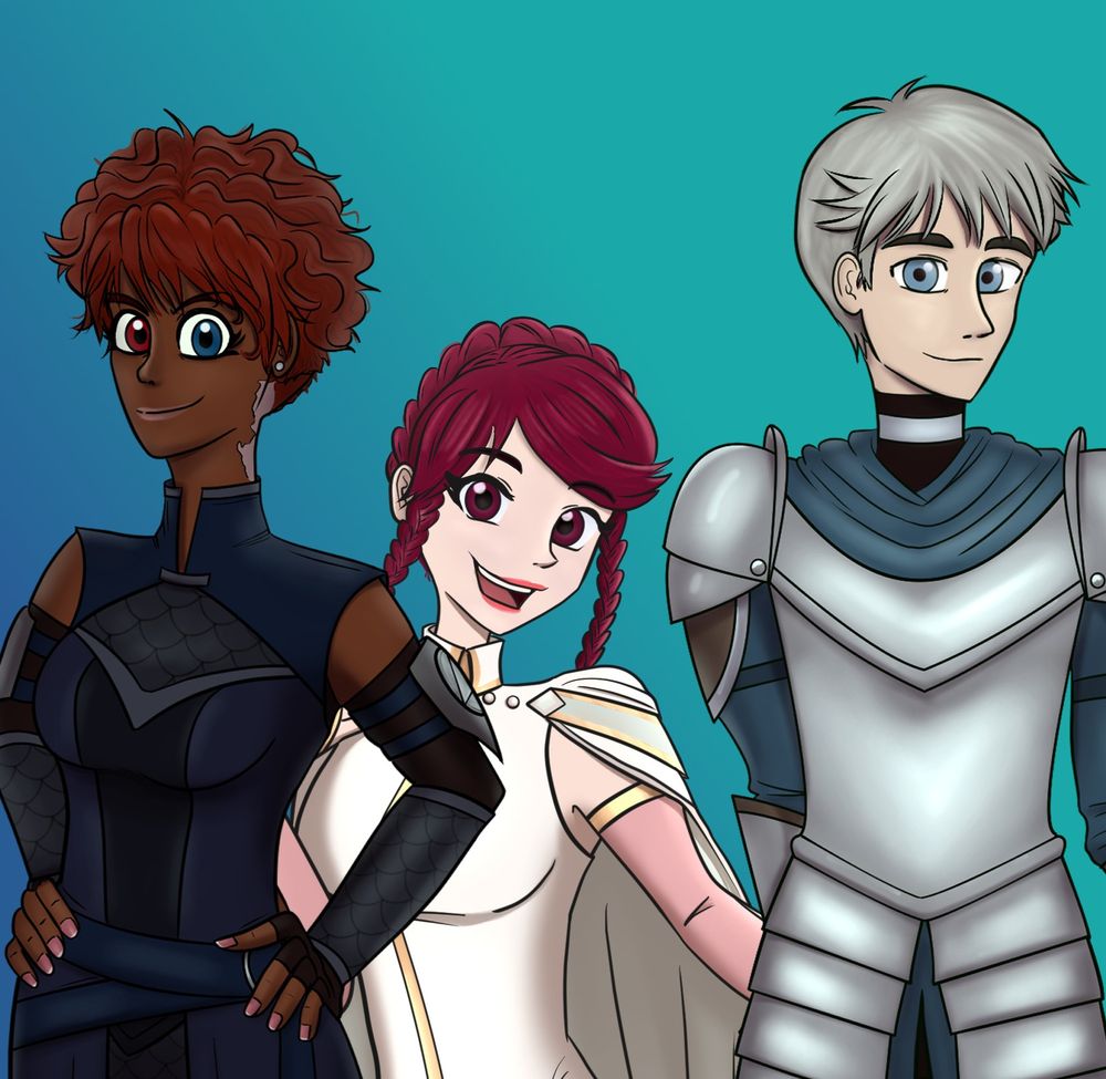 The main character Rhaya Nahl, alongside two of the other main characters of White Soul - Homura Greatsprear (left) and Tristan Calmont (right). 

You can find out more about them in this week's White Soul Wednesday!