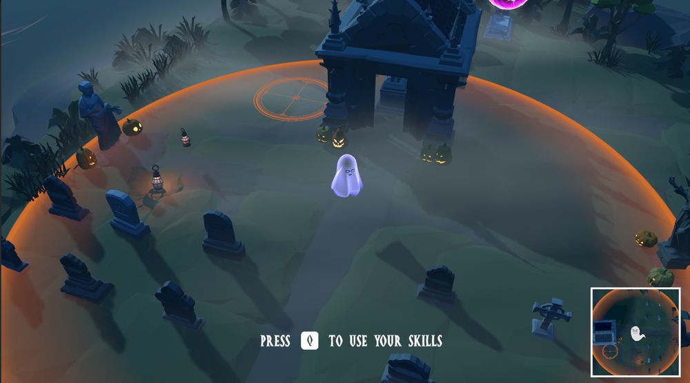 A game screenshot with a ghost character in the midle using an area skill with a circle area of effect around the ghost. The ghost is in a cemetery.