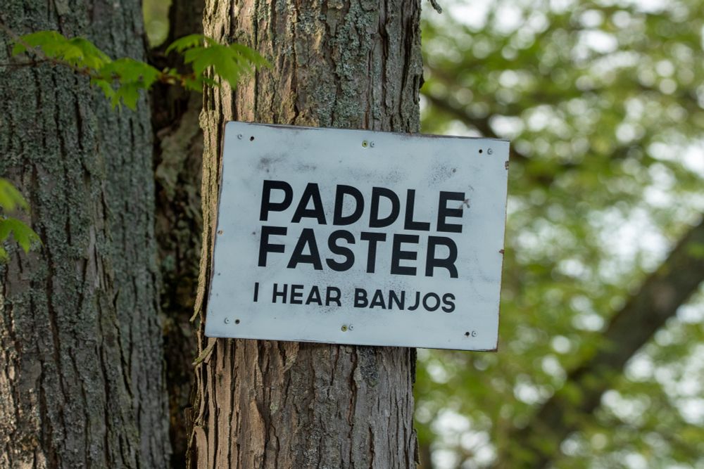 Signed mounted on a tree in the middle of a river that says "Paddle Faster, I hear Banjos"