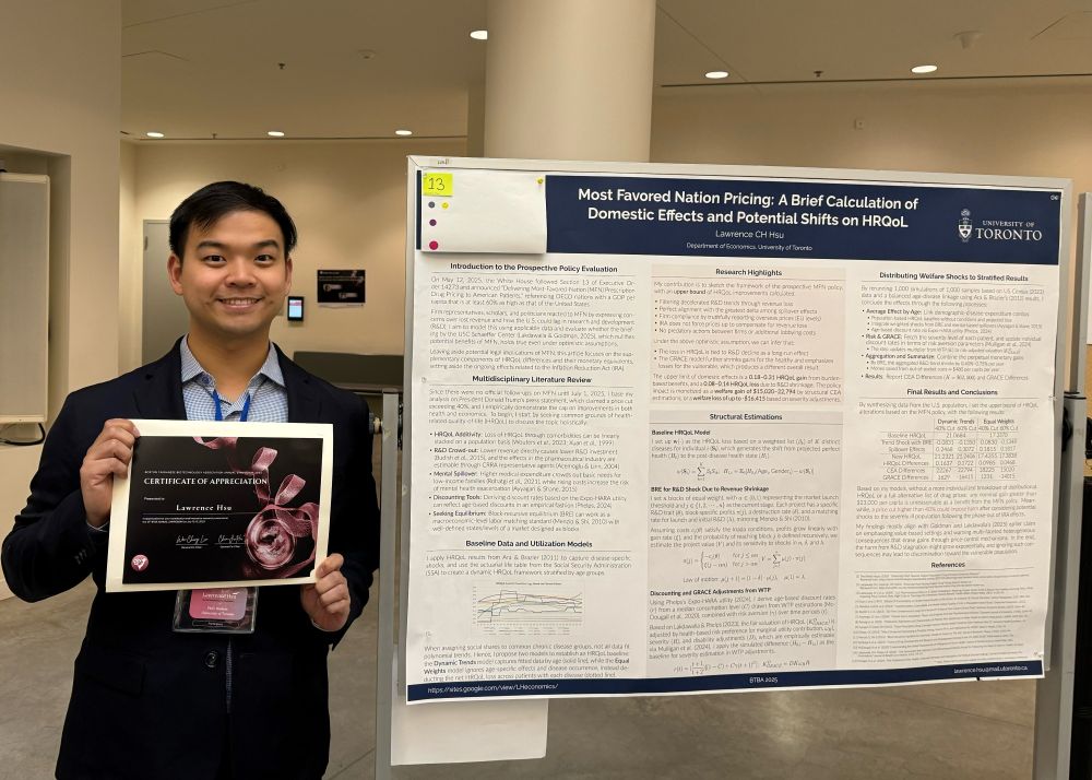 Picture of economics PhD student Lawrence Hsu with his winning poster at the BTBA annual symposium in early-July 2025.
