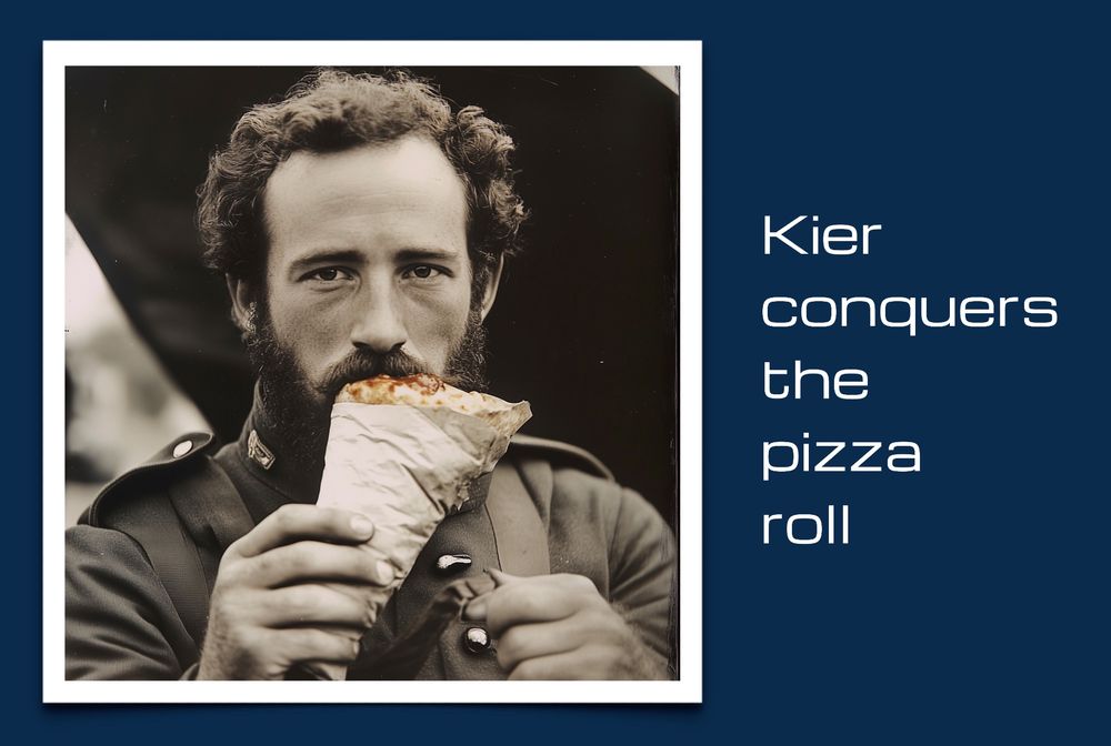 Kier Eagan eating a pizza roll in vintage photograph style.