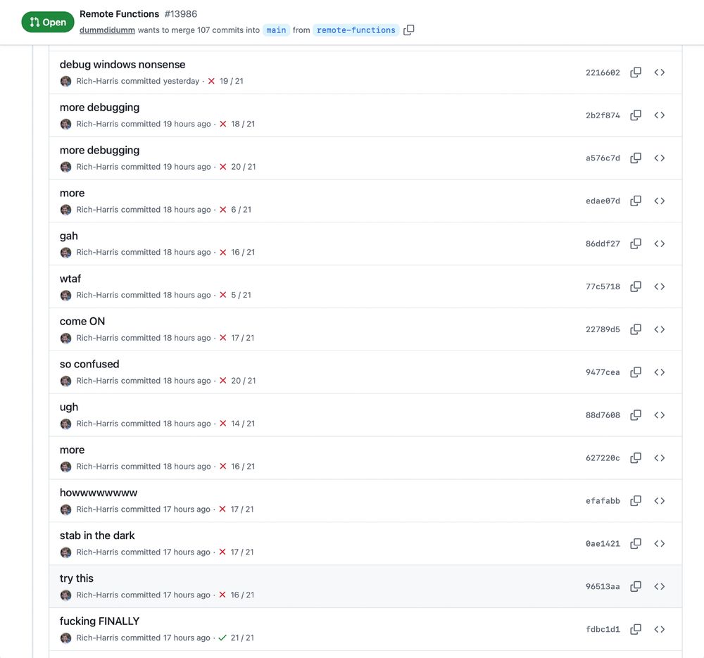 GitHub commit history showing Rich Harris's debugging journey from "debug windows nonsense" through frustrated messages like "gah", "wtaf", "come ON" to final success: "fucking FINALLY" ✓
