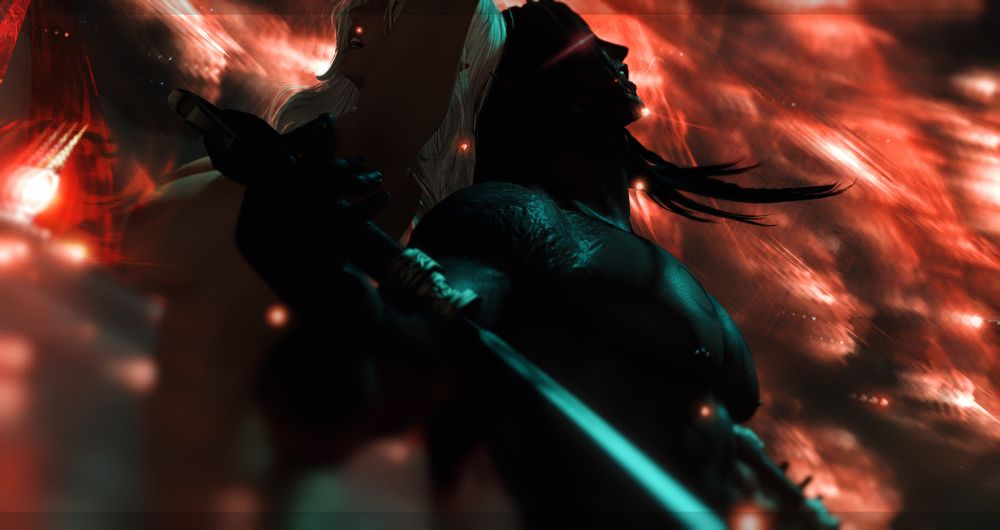A shot of FFXIV OCs Arielle Alvoix and Tristan Solienteaux standing back to back to each other, completely silhouetted by a mass of violent aether (Arielle's Thaumaturgy and Tristan's Inner Beast). What are they even fighting? Who the fuck knows but it's safe to assume it got roasted and slaughtered.