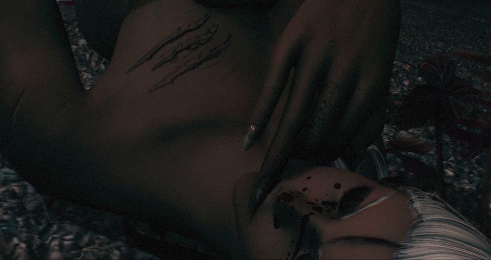 A close-up portrait of FFXIV OC Arielle Alvoix lying down against the ground with her eyes closed in near complete darkness ((Ultima Thule)). Her face and fingers are lightly splattered in blood ... whose? Who the fuck knows, but it doesn't seem to bother her because one of her fingers is resting right along her lips. Looney bitch.