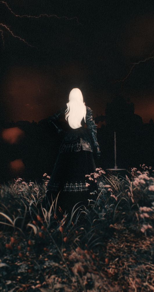 A rear shot of FFXIV OC Arielle Alvoix standing in a bed of flowers facing a dark and grim cityscape (Radz-At-Han during the Final Days). She is in all black/gunmetal platemail and facing away from the viewer, and the sky is completely red and black, with a few streaks of lightning in the distance.
