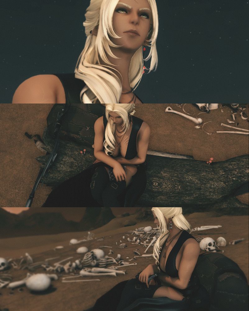 A series of shots of FFXIV Arielle Alvoix sitting solo in the midst of the Sagolii Desert in Thanalan right at sunset, appearing lost in thought. There is an eerie collection of partially buried bones and skeletons not far from where she sits, implying many have died where she's presently resting.