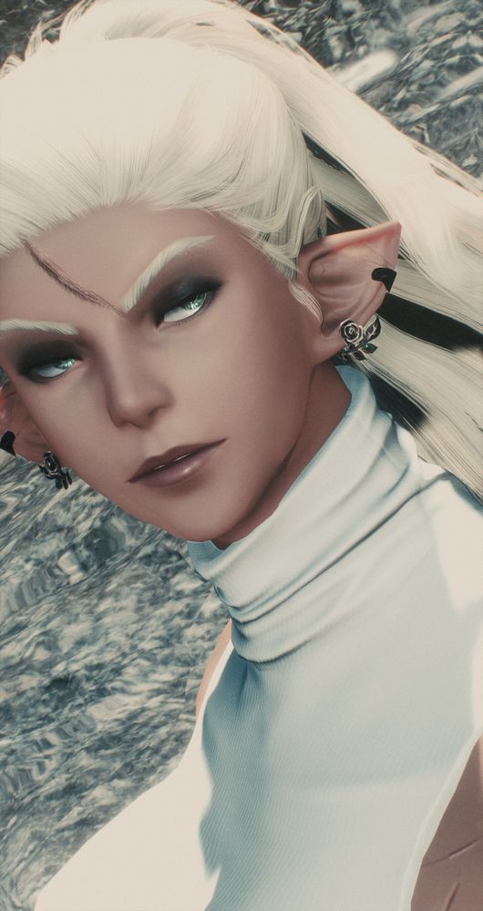 A closeup portrait shot of FFXIV OC Arielle Alvoix, staring off to the side while standing on the docks by the Lavender Beds' lake. 