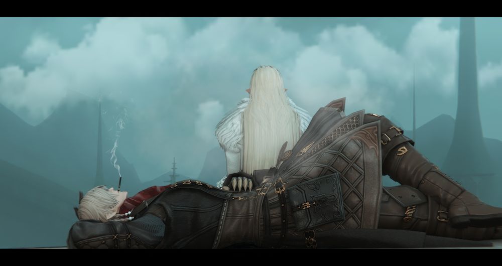 A rear shot of FFXIV OCs Arielle Alvoix and August Orellium lounging on the roofing of the Empyreum's Snowsteep Springs. August is in his typical work outfit, a thick leather coat with warm notes of brown and red, and is smoking a cigarette. Arielle is in one of her Winter glams she tends to only wear in Coerthas, an all-white fur-lined and multi-layer coat, and is sitting at August's side smoking a moko joint. The area around them is noticeably smokey because of said smoking together, blending with the very cloudy and foggy sky of Ishgard, but they're just vibing. Who's gonna stop them?