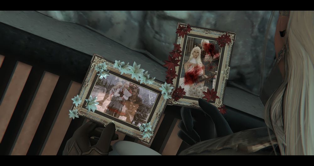 A close-up of the two photographs that FFXIV OC Arielle Alvoix is holding to observe. 