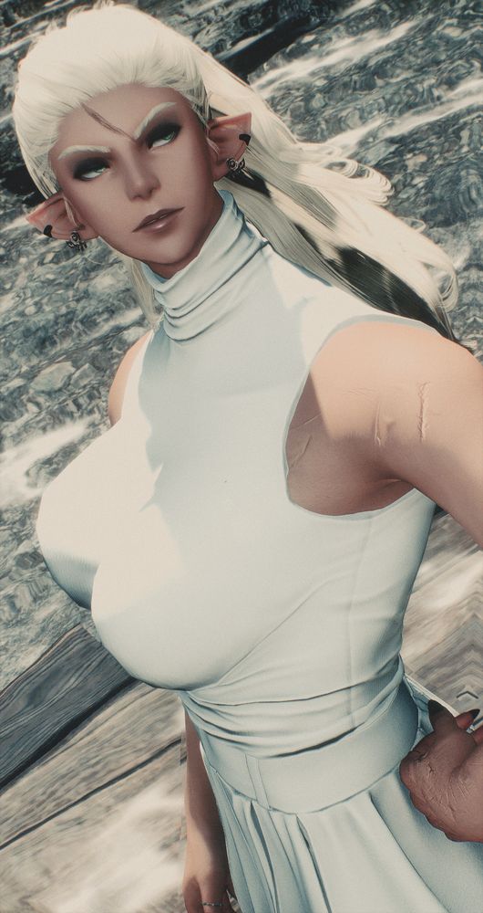 A shot of FFXIV OC Arielle Alvoix standing on the docks by the lake surrounding the Lavender Beds, wearing all white with her hair tied up as she glances off to the side.