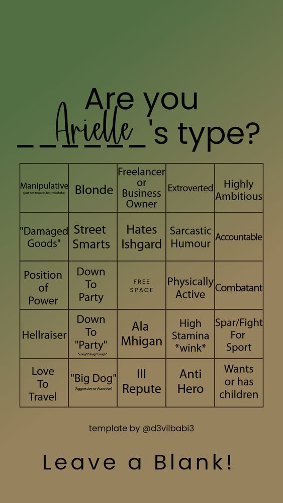 A bingo board for if you are Arielle Alvoix's type. I'm not sure why you'd want to be. She's fucking loony.