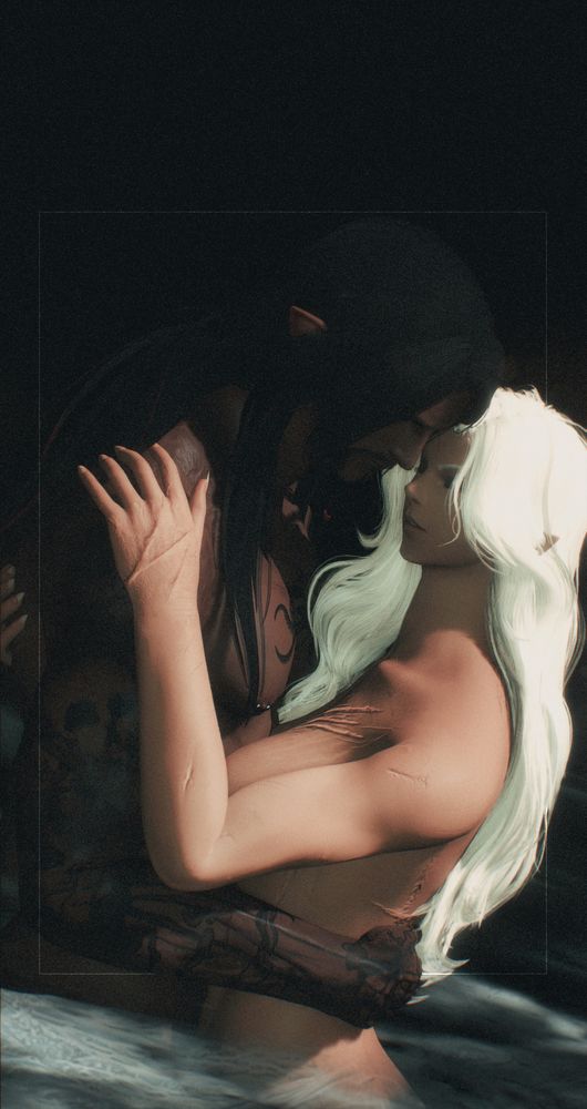 A shot of FFXIV OCs Arielle Alvoix and Tristan Solianteaux standing in the middle of the ocean in pitch darkness. Tristan is a Duskwight Elezen man with a dark complexion, long black and shaded red hair, and a vast number of visible tattoos and scarring. Arielle is a Wildwood Elezen passing woman with a tan complexion, long platinum blonde hair, and also has a large amount of scarring on her body. They are (implied) nude and embracing each other, eyes closed in reflection.