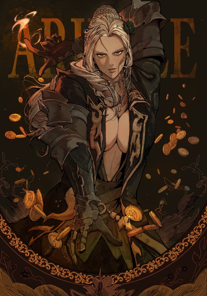 An art commission done of FFXIV OC Arielle Alvoix - an Ishgardian Elezen passing woman with platinum blonde hair (partly braided into a bun while the rest falls in waves over her shoulder), mint green eyes, tanned complexion, and is wearing one of her primary work glamours— a thick, black, deep necked coat embellished with gold and kept closed around her waist via green sash, and matching gauntlets with a black rose adorning her hair. She is standing wide and channeling a fire wisp around her finger behind her head while gil coins are scattered all around her body. The overall color scheme of the art piece is shades of green, brown, gold, and copper. Originally drawn by Linkaaa08.  