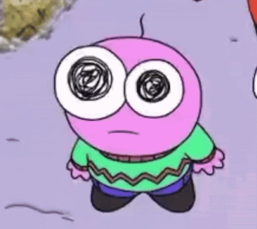 a cartoon character with big eyes and a green sweater is standing on a purple surface .